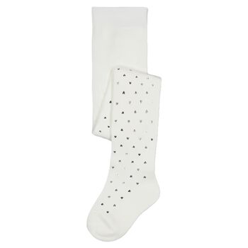 Younger Girls White & Silver Heart Tights